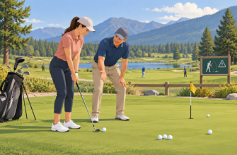 Ilustración de una persona iniciándose en el golf con un instructor y material prestado